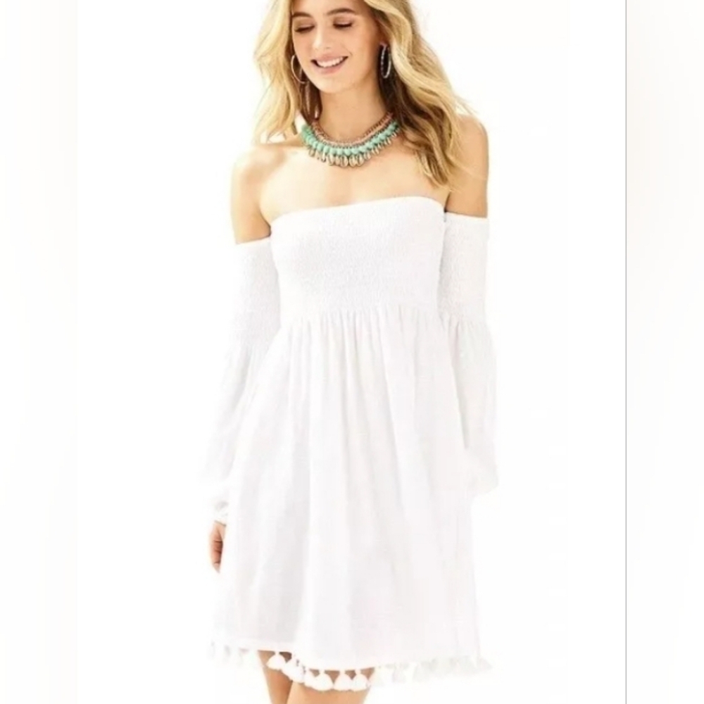 Lilly Pulitzer Trina Beach Mini Dress Smocked White Off Shoulder Size Small
